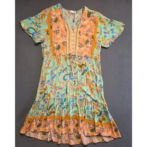 R. Vivimos Size Large Boho Knee Length Midi Dress V Neck Mint Green Floral Flowy